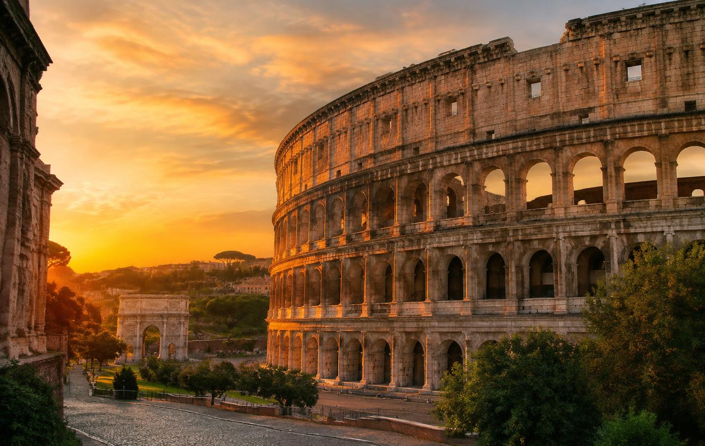 The Colosseum in Rome glowing at sunset