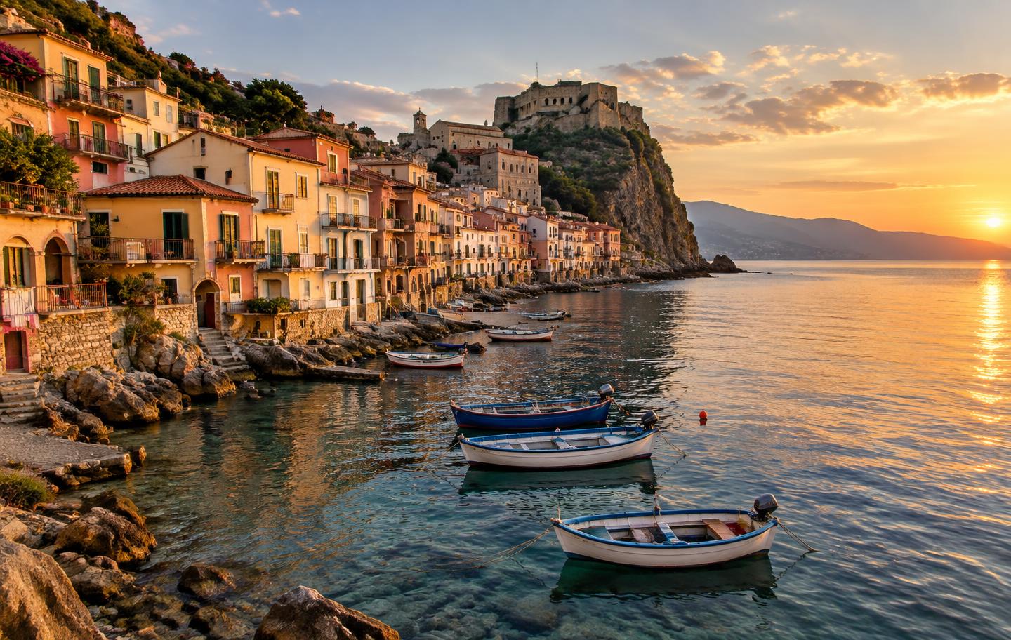 Chianalea di Scilla fishing village on the Calabrian coast at golden hour